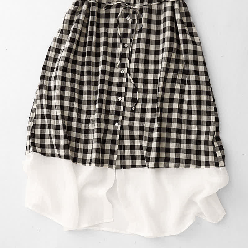Buddha Stones Spring Gingham Knee Length Women's Short Sleeve Dress With Tie Waist Chiffon Hem - image 8