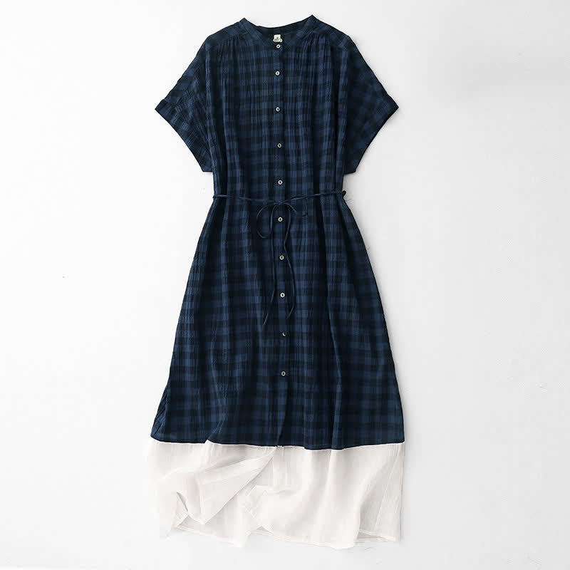 Buddha Stones Spring Gingham Knee Length Women's Short Sleeve Dress With Tie Waist Chiffon Hem - MidnightBlue - US12，UK/AU16，EU44 (2XL) - image 10