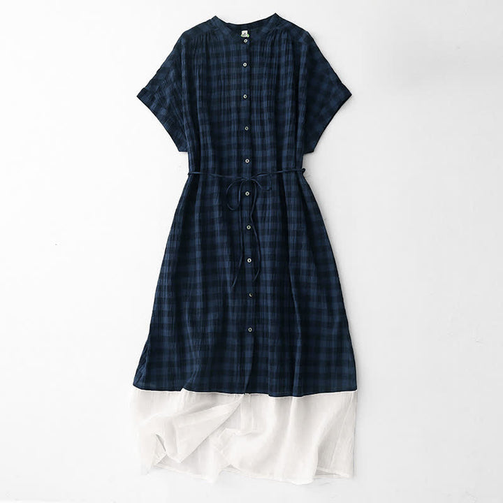 Buddha Stones Spring Gingham Knee Length Women's Short Sleeve Dress With Tie Waist Chiffon Hem - MidnightBlue - US12，UK/AU16，EU44 (2XL) - image 10