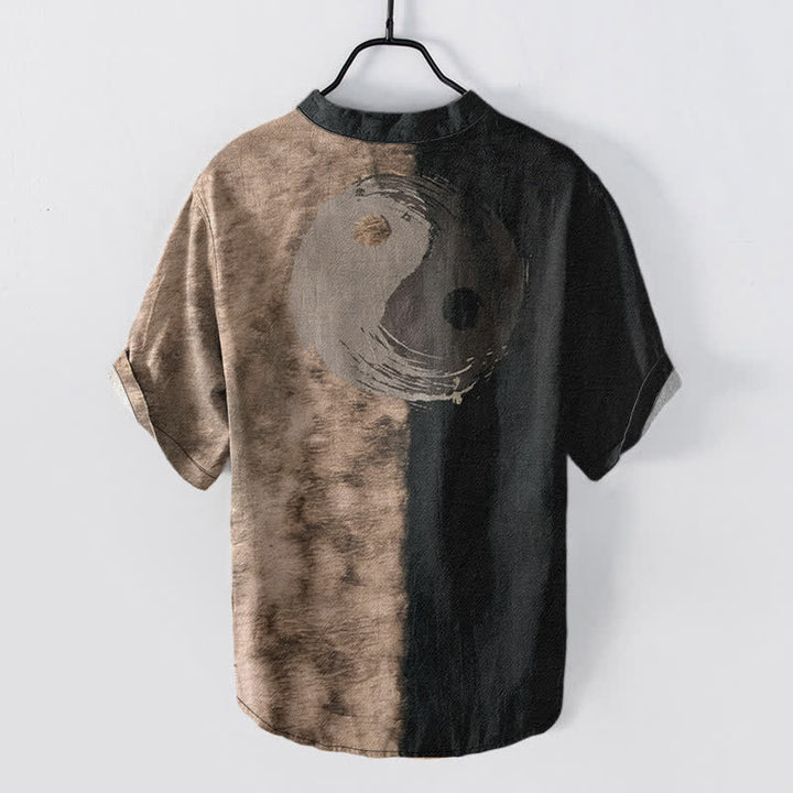 Buddha Stones Cotton Two Tone Taiji Ink Print Men's Short Sleeve Half Button Shirt - image 1