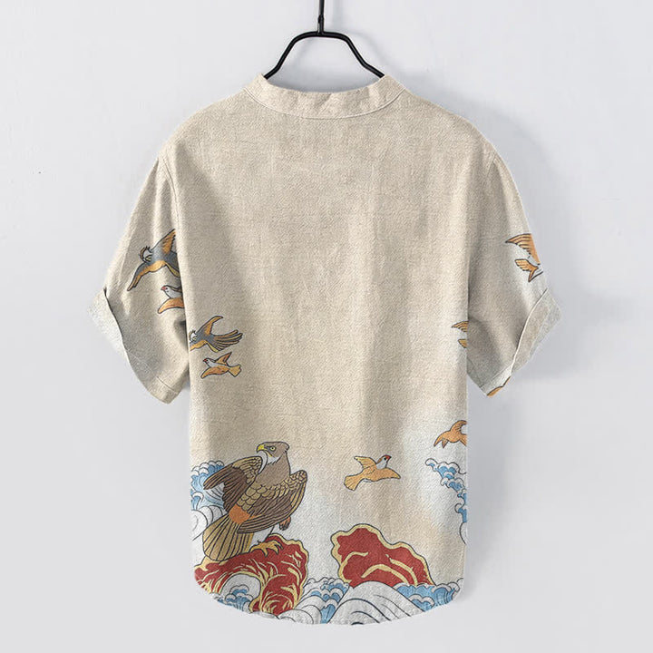 Buddha Stones Cotton Ocean Bird Wave Rock Print Men's Short Sleeve Half Button Shirt - image 4