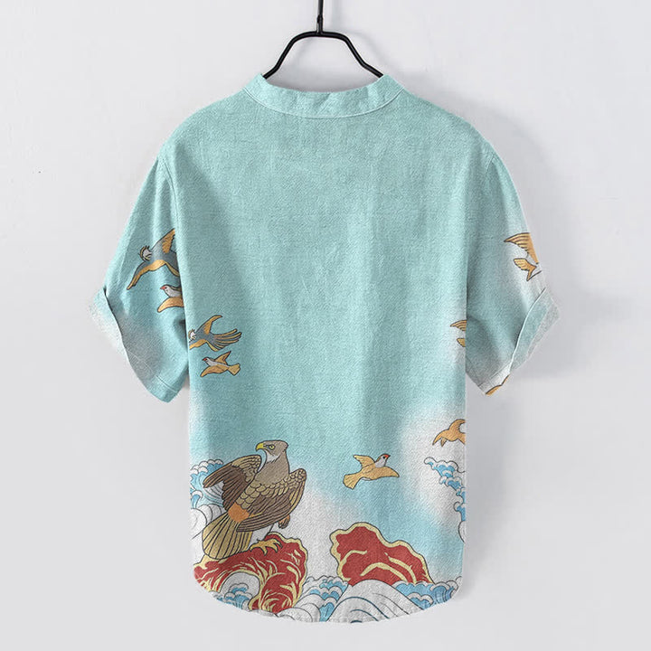 Buddha Stones Cotton Ocean Bird Wave Rock Print Men's Short Sleeve Half Button Shirt - image 6