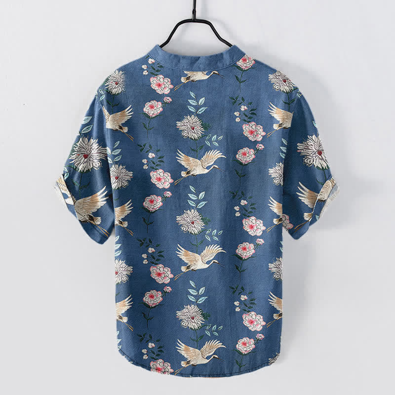 Buddha Stones Cotton Crane Floral Print Men's Short Sleeve Half Button Shirt - image 1