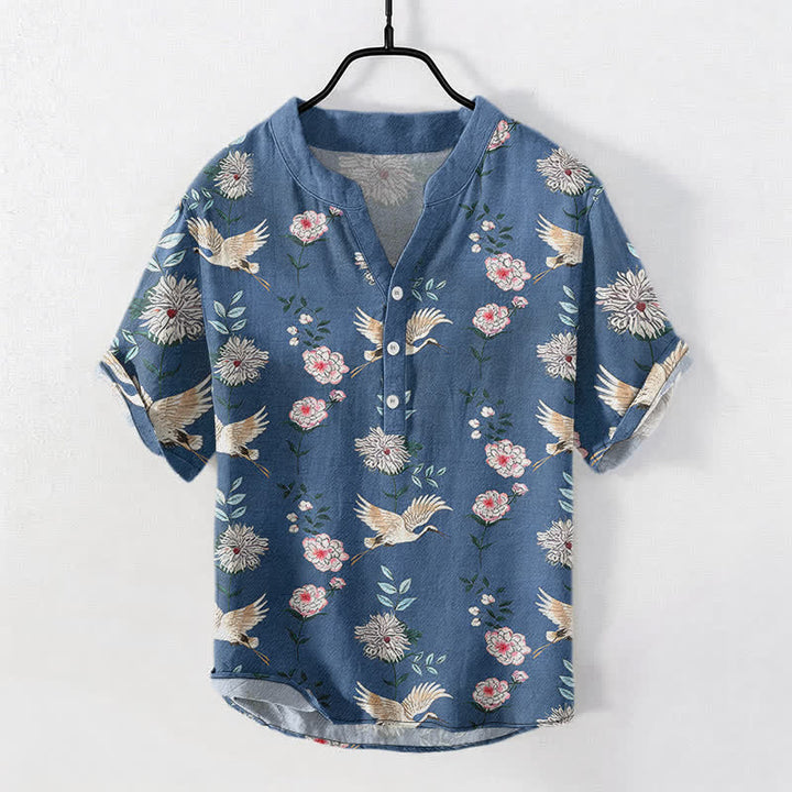 Buddha Stones Cotton Crane Floral Print Men's Short Sleeve Half Button Shirt - SteelBlue - US/UK/AU50，EU60 (5XL) - image 0