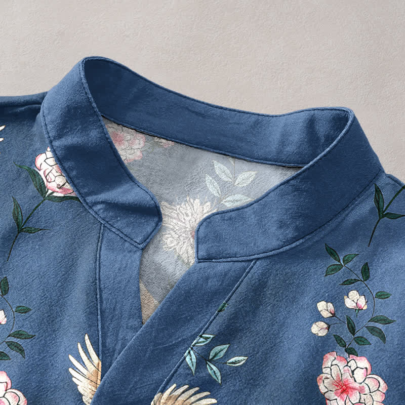 Buddha Stones Cotton Crane Floral Print Men's Short Sleeve Half Button Shirt - image 2
