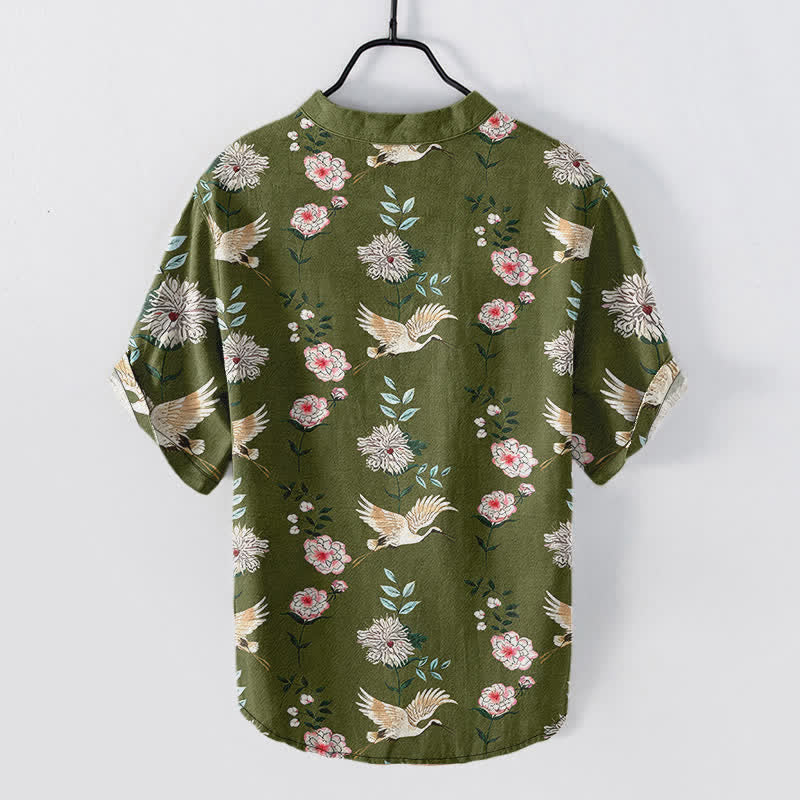 Buddha Stones Cotton Crane Floral Print Men's Short Sleeve Half Button Shirt - image 6