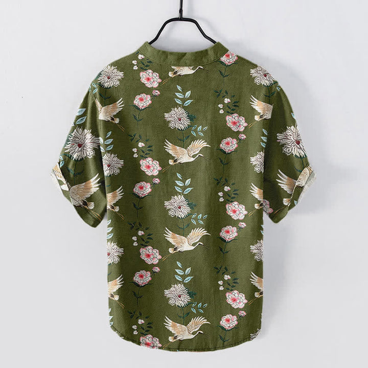 Buddha Stones Cotton Crane Floral Print Men's Short Sleeve Half Button Shirt - image 6