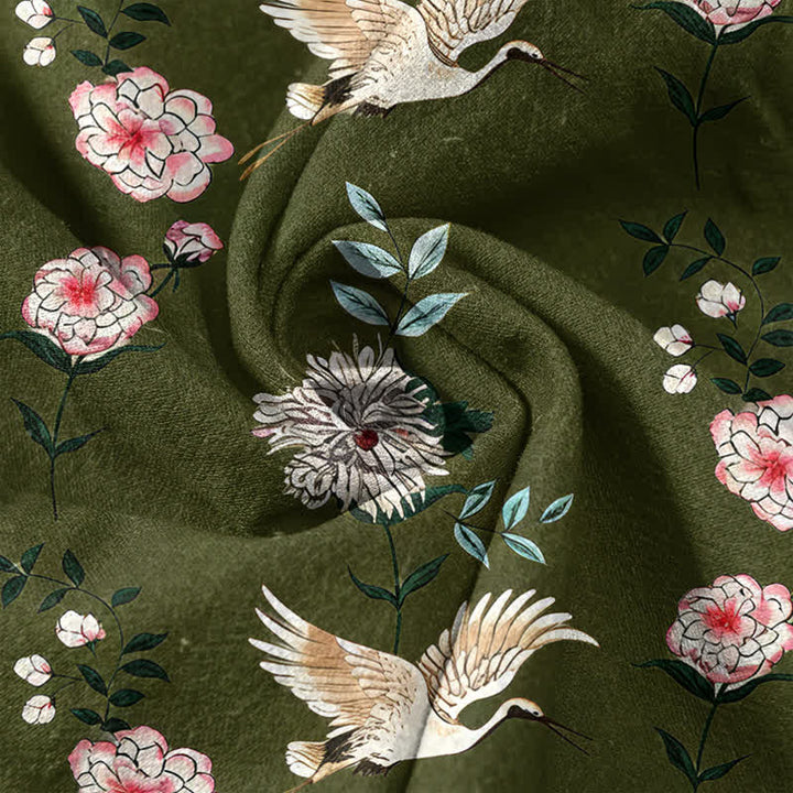 Buddha Stones Cotton Crane Floral Print Men's Short Sleeve Half Button Shirt - image 9