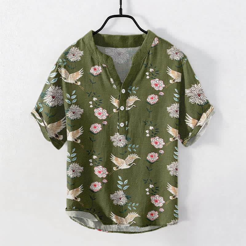 Buddha Stones Cotton Crane Floral Print Men's Short Sleeve Half Button Shirt - DarkOliveGreen - US/UK/AU50，EU60 (5XL) - image 5