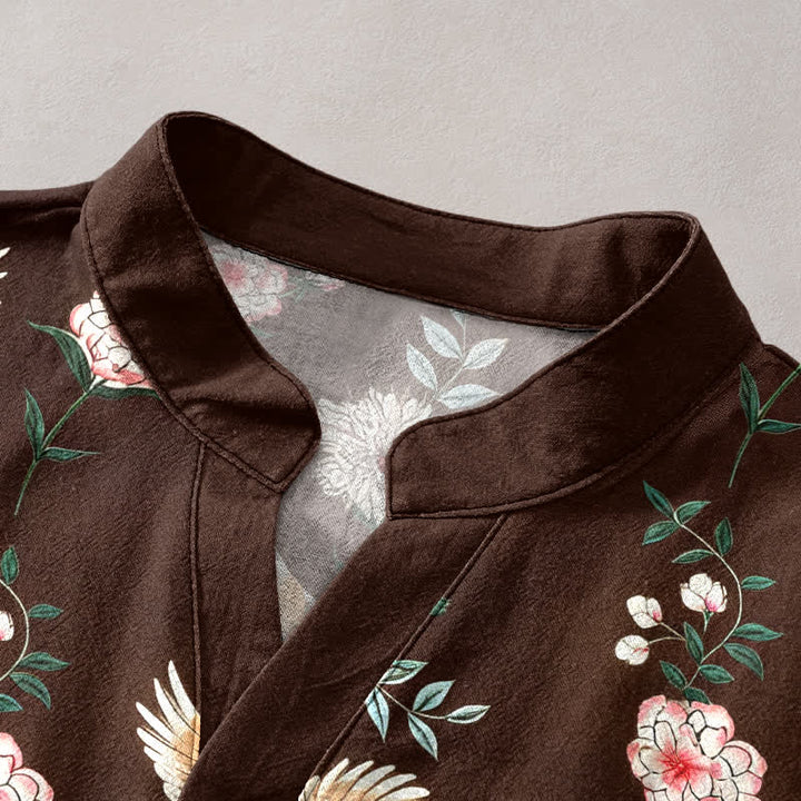 Buddha Stones Cotton Crane Floral Print Men's Short Sleeve Half Button Shirt - image 12