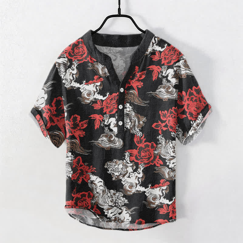 Buddha Stones Cotton Red Floral Cloud Print Henley Men's Short Sleeve Half Button Shirt - Black - US/UK/AU50，EU60 (5XL) - image 0