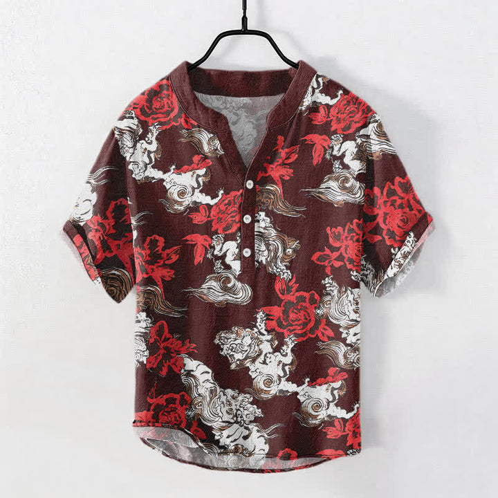 Buddha Stones Cotton Red Floral Cloud Print Henley Men's Short Sleeve Half Button Shirt - DarkRed - US/UK/AU50，EU60 (5XL) - image 10
