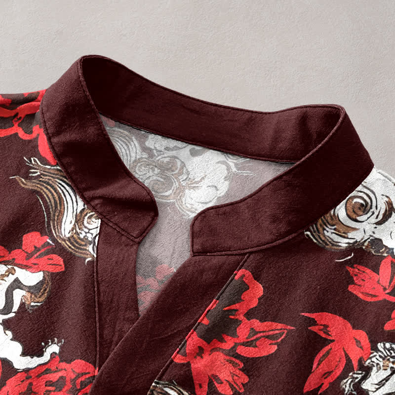 Buddha Stones Cotton Red Floral Cloud Print Henley Men's Short Sleeve Half Button Shirt - image 12