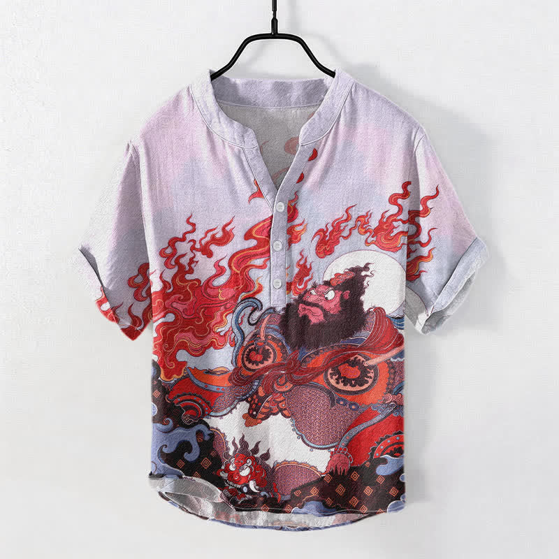 Buddha Stones Cotton Mythic Flame Print Men's Short Sleeve Half Button Shirt - Thistle - US/UK/AU50，EU60 (5XL) - image 3