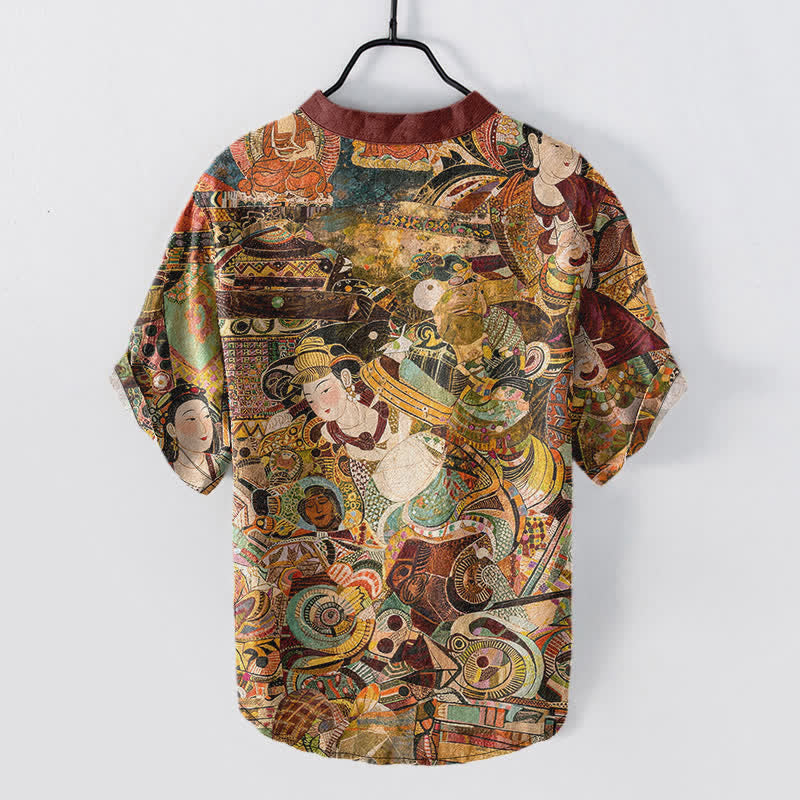 Buddha Stones Cotton Portrait Print Men's Short Sleeve Half Button Shirt - image 1