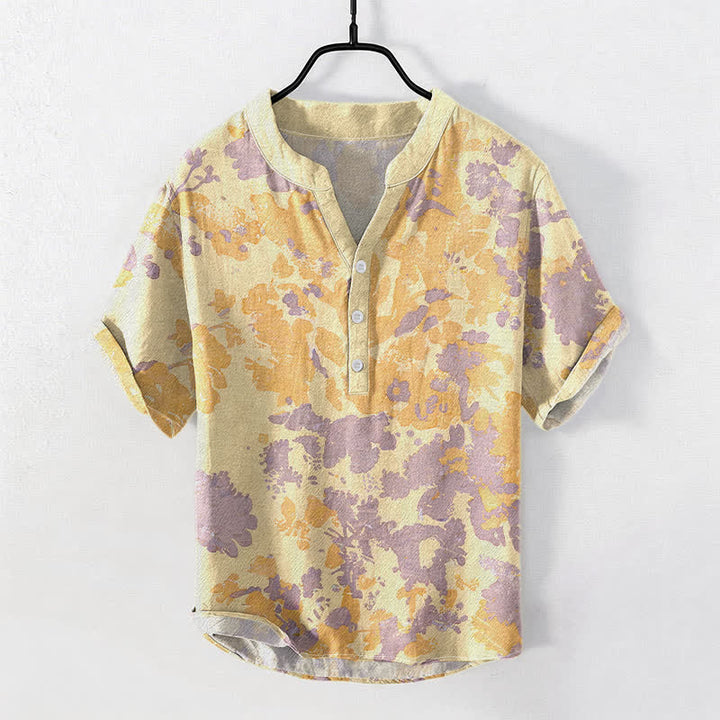 Buddha Stones Cotton Watercolor Floral Henley Men's Short Sleeve Half Button Shirt - Khaki - US/UK/AU50，EU60 (5XL) - image 3