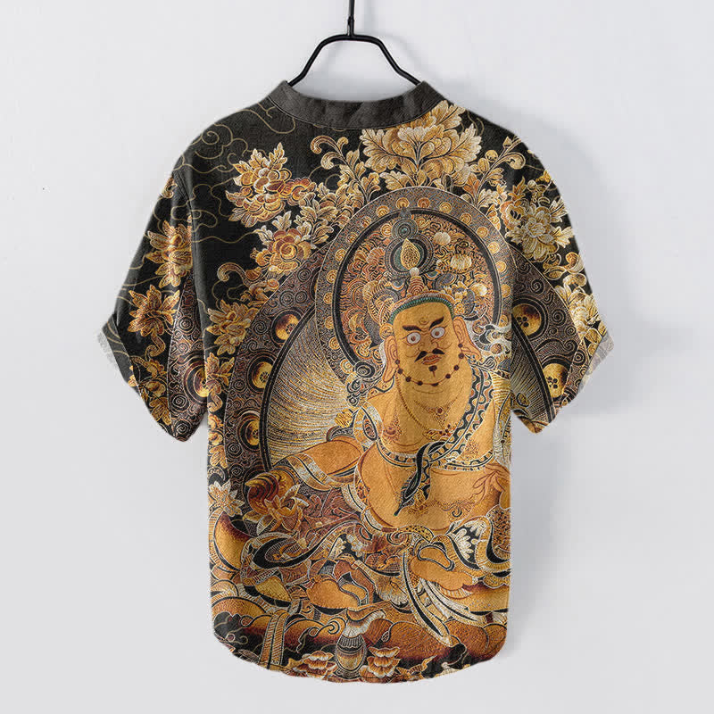 Buddha Stones Cotton Gold Buddha Floral Print Men's Short Sleeve Half Button Shirt - image 1
