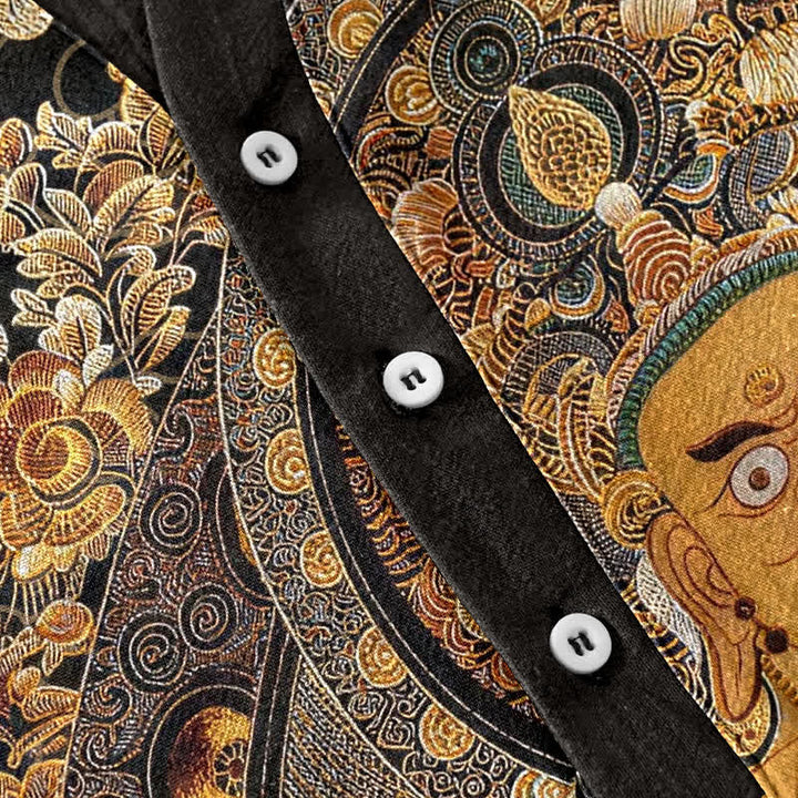 Buddha Stones Cotton Gold Buddha Floral Print Men's Short Sleeve Half Button Shirt - image 3