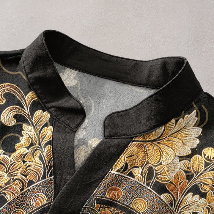 Buddha Stones Cotton Gold Buddha Floral Print Men's Short Sleeve Half Button Shirt - image 2