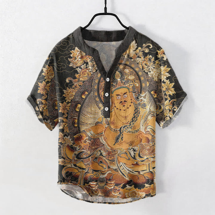 Buddha Stones Cotton Gold Buddha Floral Print Men's Short Sleeve Half Button Shirt - DarkSlateGray - US/UK/AU50，EU60 (5XL) - image 0