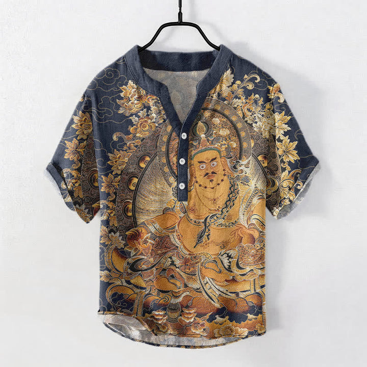 Buddha Stones Cotton Gold Buddha Floral Print Men's Short Sleeve Half Button Shirt - MidnightBlue - US/UK/AU50，EU60 (5XL) - image 5