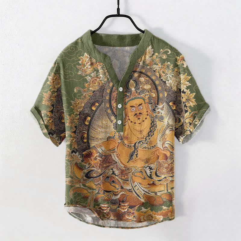 Buddha Stones Cotton Gold Buddha Floral Print Men's Short Sleeve Half Button Shirt - DarkSeaGreen - US/UK/AU50，EU60 (5XL) - image 7