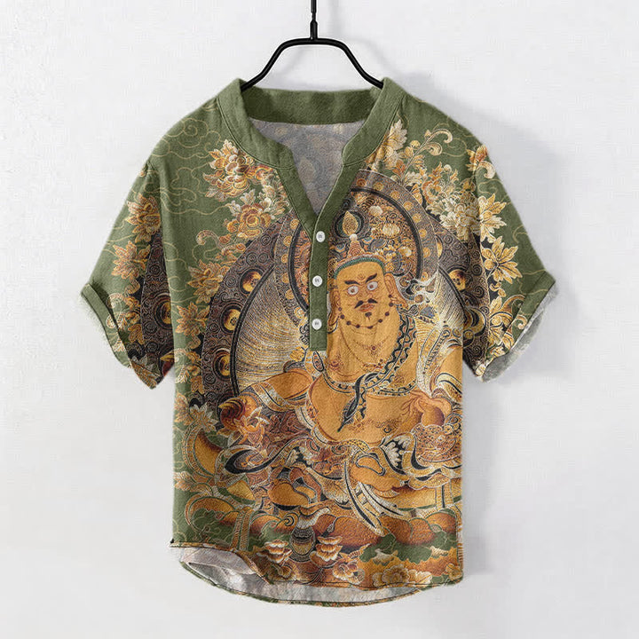 Buddha Stones Cotton Gold Buddha Floral Print Men's Short Sleeve Half Button Shirt - DarkSeaGreen - US/UK/AU50，EU60 (5XL) - image 7