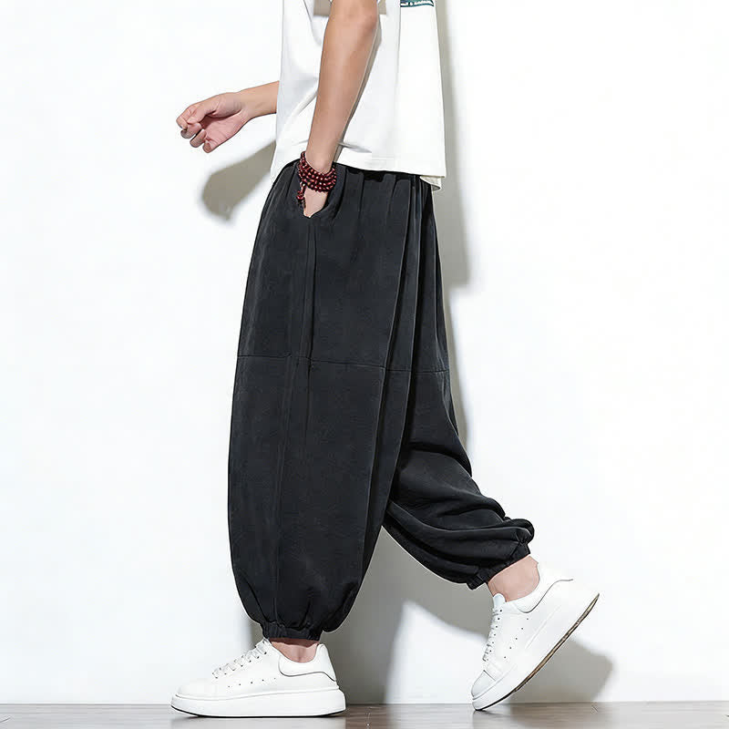 Buddha Stones Spring Solid Color Drawstring Cropped Men's Harem Cotton Pants With Pockets - image 26