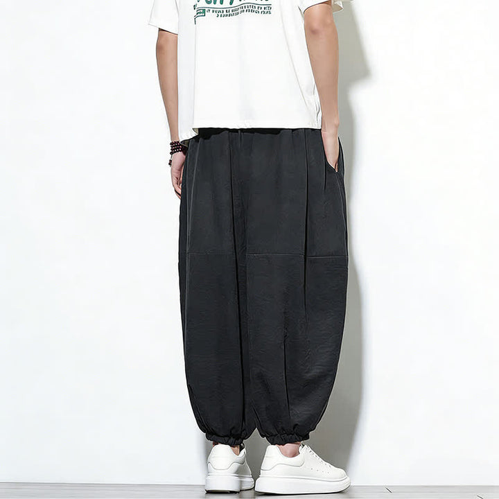 Buddha Stones Spring Solid Color Drawstring Cropped Men's Harem Cotton Pants With Pockets - image 22