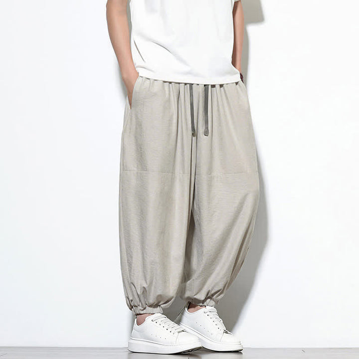 Buddha Stones Spring Solid Color Drawstring Cropped Men's Harem Cotton Pants With Pockets - image 13