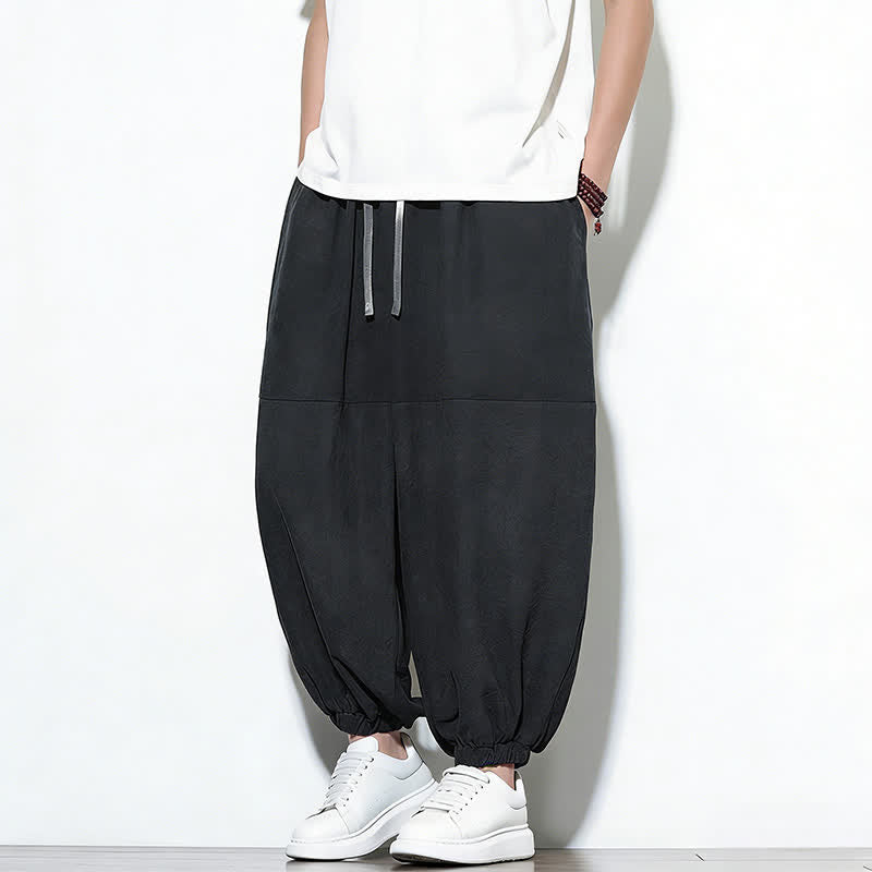 Buddha Stones Spring Solid Color Drawstring Cropped Men's Harem Cotton Pants With Pockets - image 21