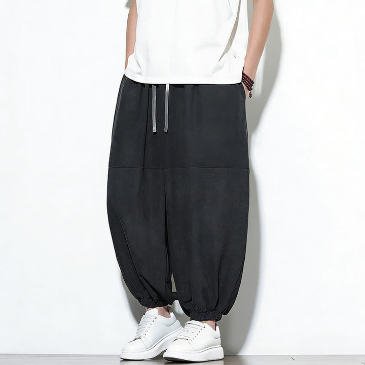 Buddha Stones Spring Solid Color Drawstring Cropped Men's Harem Cotton Pants With Pockets - image 21