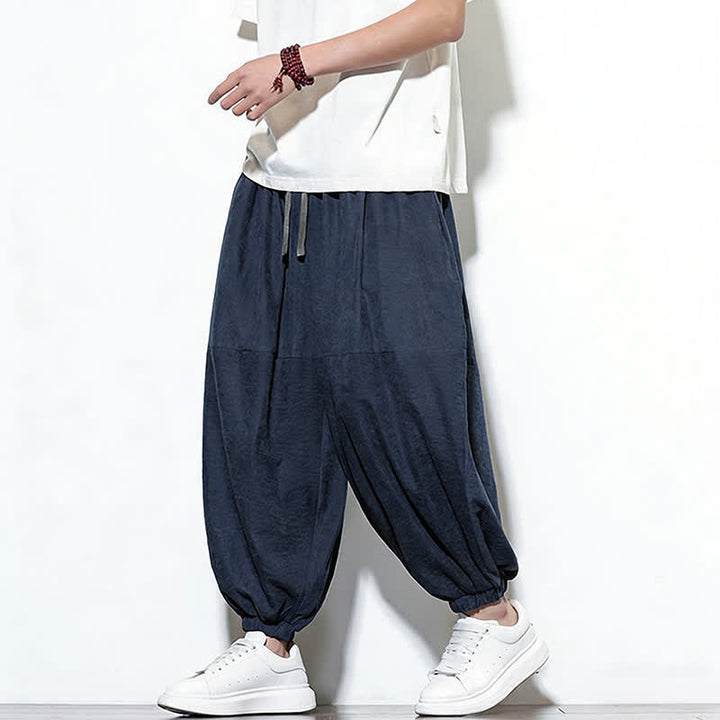 Buddha Stones Spring Solid Color Drawstring Cropped Men's Harem Cotton Pants With Pockets - image 2