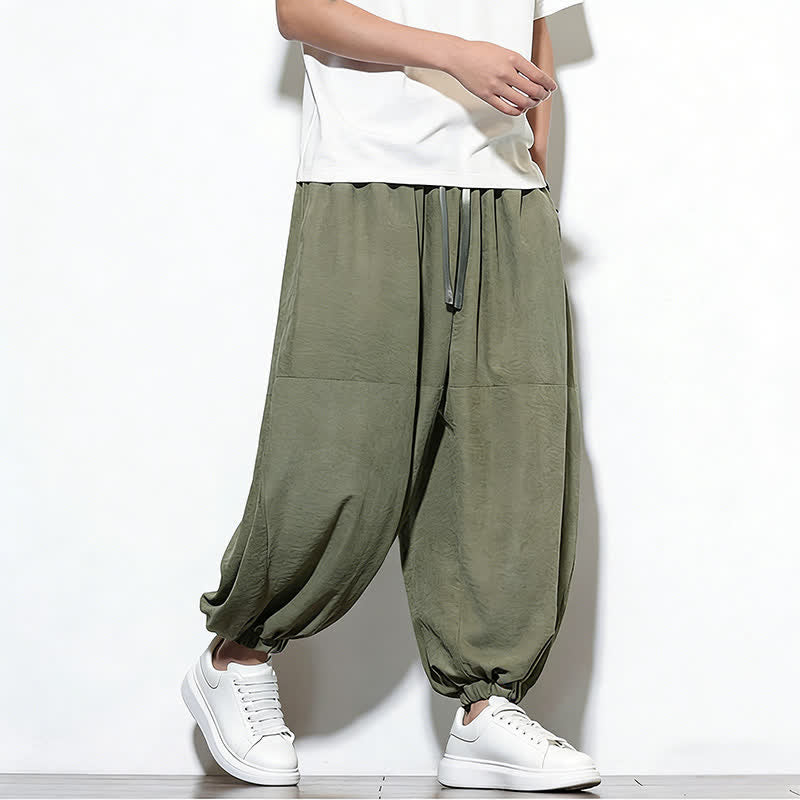 Buddha Stones Spring Solid Color Drawstring Cropped Men's Harem Cotton Pants With Pockets - image 30