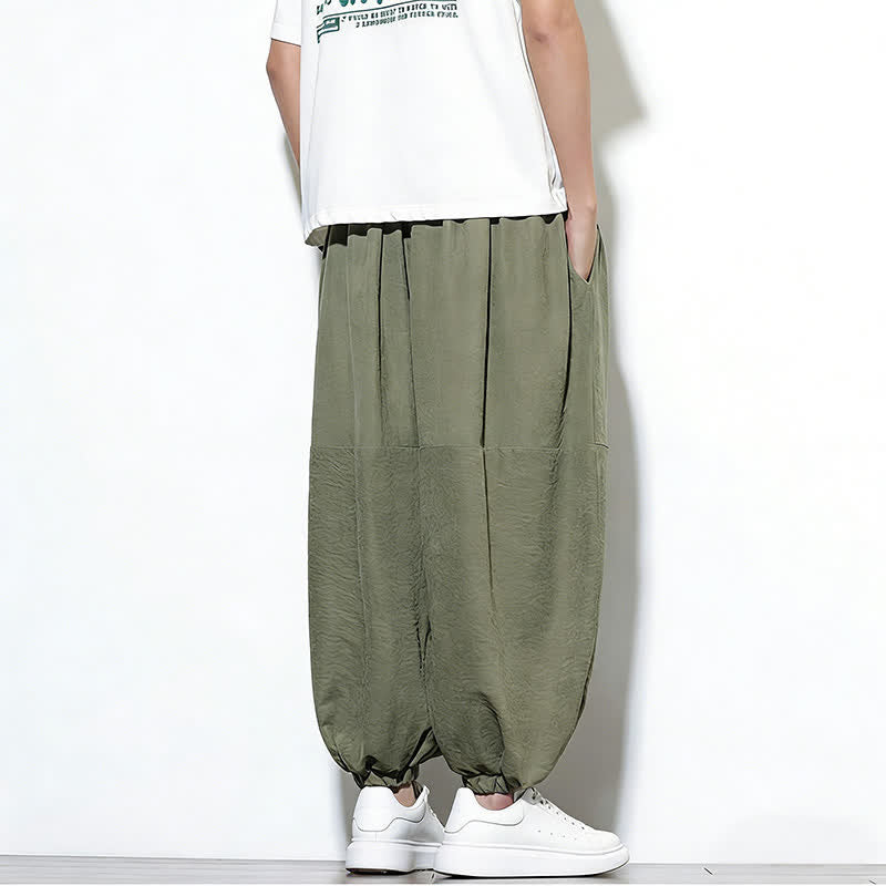 Buddha Stones Spring Solid Color Drawstring Cropped Men's Harem Cotton Pants With Pockets - image 32