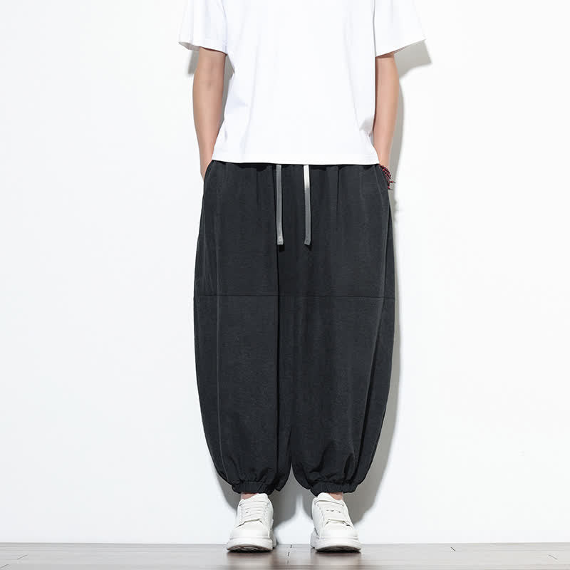 Buddha Stones Spring Solid Color Drawstring Cropped Men's Harem Cotton Pants With Pockets - Black - US/UK/AU46，EU56 (5XL) - image 19