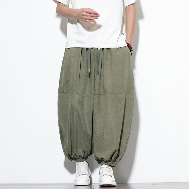 Buddha Stones Spring Solid Color Drawstring Cropped Men's Harem Cotton Pants With Pockets - image 33