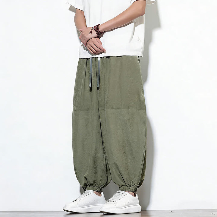 Buddha Stones Spring Solid Color Drawstring Cropped Men's Harem Cotton Pants With Pockets - image 31