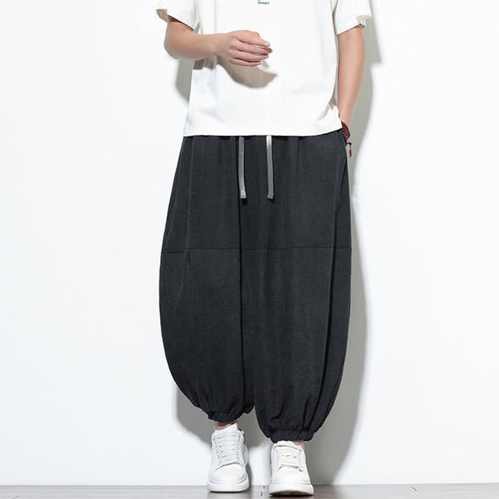 Buddha Stones Spring Solid Color Drawstring Cropped Men's Harem Cotton Pants With Pockets - image 20