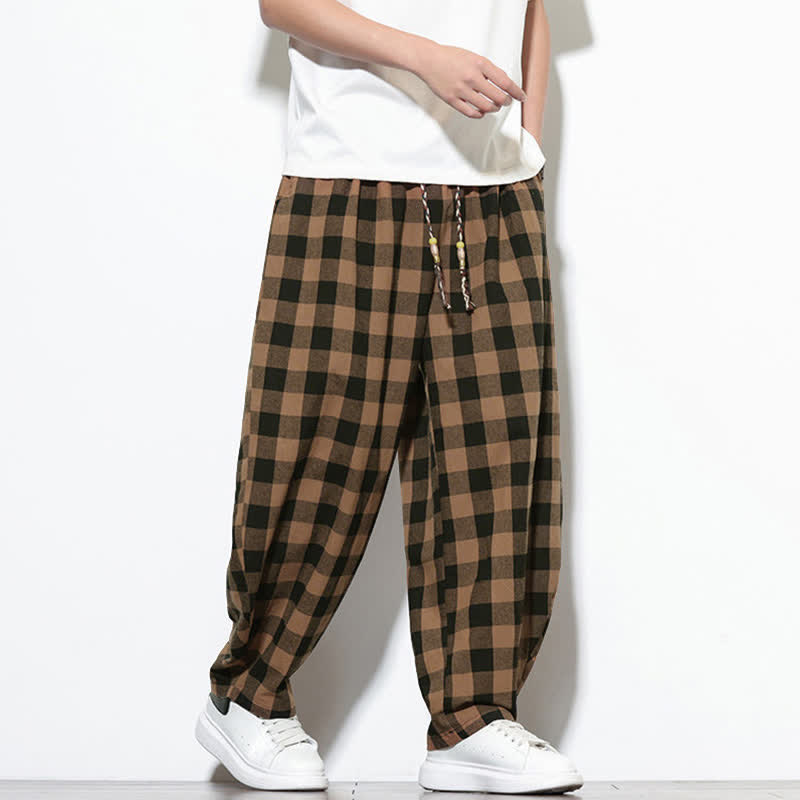 Buddha Stones Summer Plaid Pattern High Waist Drawstring Men's Harem Pants With Pockets - image 15