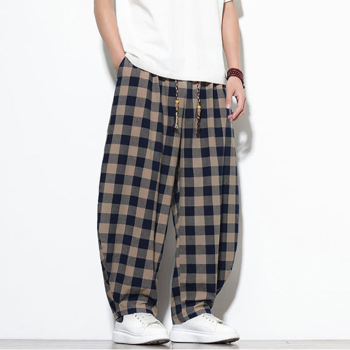 Buddha Stones Summer Plaid Pattern High Waist Drawstring Men's Harem Pants With Pockets - image 29