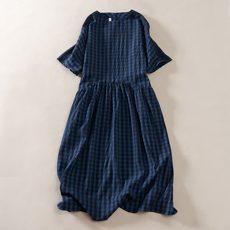 Buddha Stones Summer MidnightBlue Checked  A-line Pleated Crew Neck Knee Length Women's Short Sleeve Dress - MidnightBlue - US14，UK/AU18，EU46 (2XL) - image 0