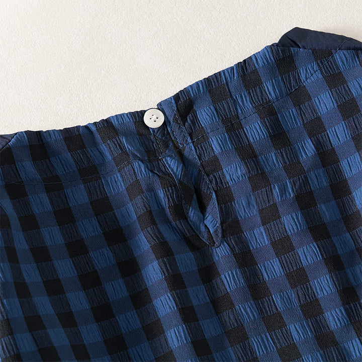 Buddha Stones Summer MidnightBlue Checked  A-line Pleated Crew Neck Knee Length Women's Short Sleeve Dress - image 5