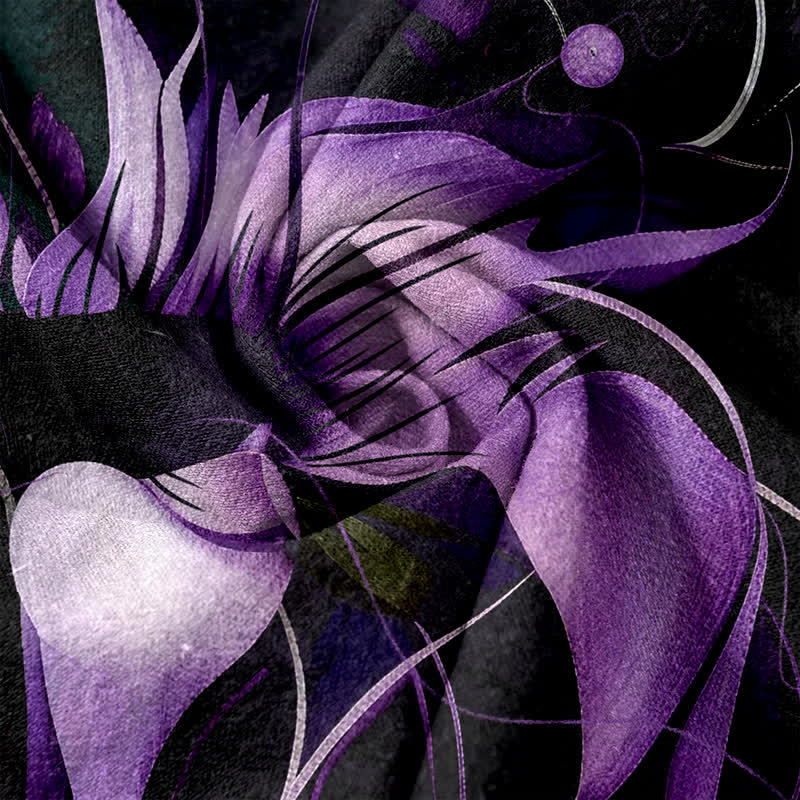 Buddha Stones Pure Cotton Purple Lotus Print Elastic Waist Women's Pants With Pockets - image 1