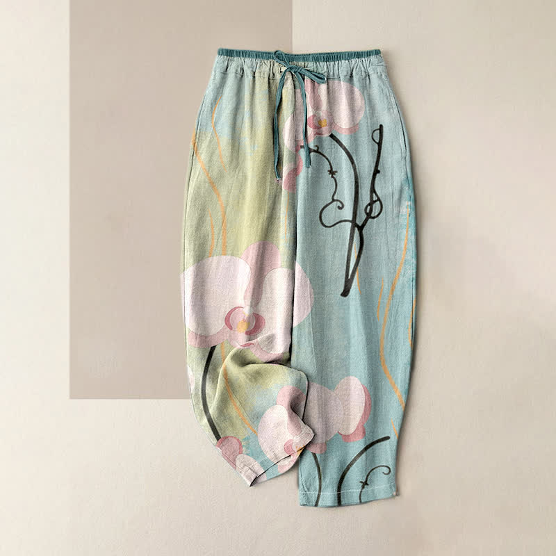 Buddha Stones Cotton Orchid Print Drawstring Women's Elastic Waist Pants With Pockets - PowderBlue - US16，UK/AU20，EU48 (3XL) - image 0