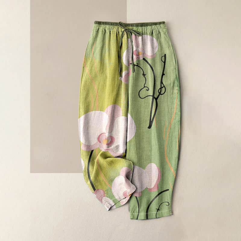 Buddha Stones Cotton Orchid Print Drawstring Women's Elastic Waist Pants With Pockets - DarkSeaGreen - US16，UK/AU20，EU48 (3XL) - image 3