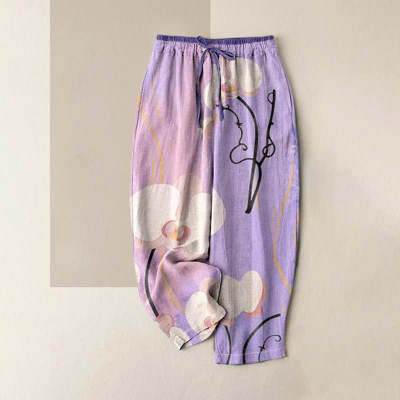 Buddha Stones Cotton Orchid Print Drawstring Women's Elastic Waist Pants With Pockets - MediumPurple - US16，UK/AU20，EU48 (3XL) - image 4