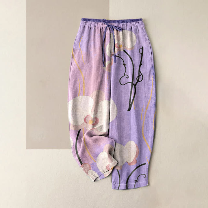 Buddha Stones Cotton Orchid Print Drawstring Women's Elastic Waist Pants With Pockets - MediumPurple - US16，UK/AU20，EU48 (3XL) - image 4
