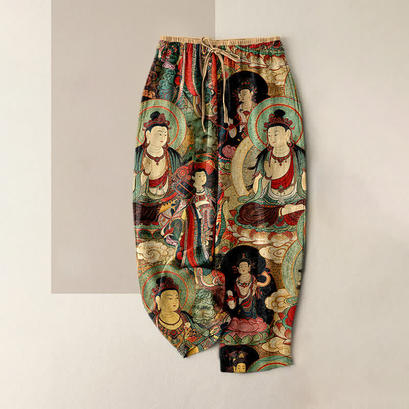 Buddha Stones Multiple Buddhas Pattern Elastic Waist Women's Pure Cotton Pants With Pockets - NavajoWhite - US16，UK/AU20，EU48 (3XL) - image 0