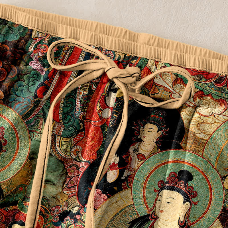 Buddha Stones Multiple Buddhas Pattern Elastic Waist Women's Pure Cotton Pants With Pockets - image 1
